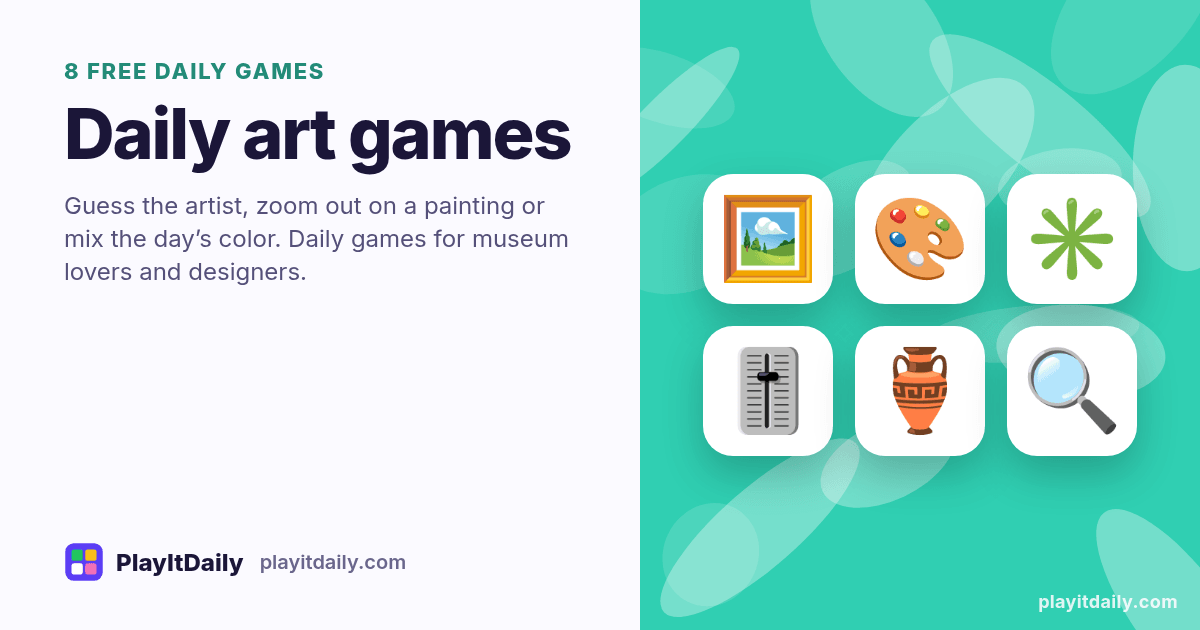 Daily art games: PlayItDaily illustration with paint swatches and the emoji of 8 games