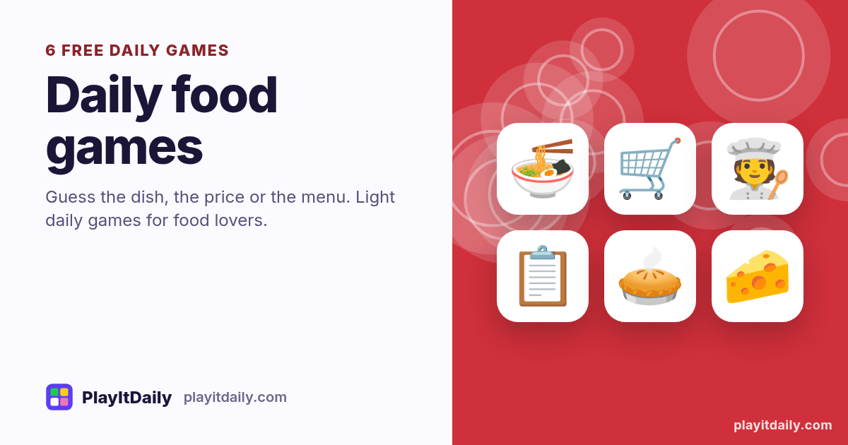 Daily food games: PlayItDaily illustration with plate circles and the emoji of 6 games