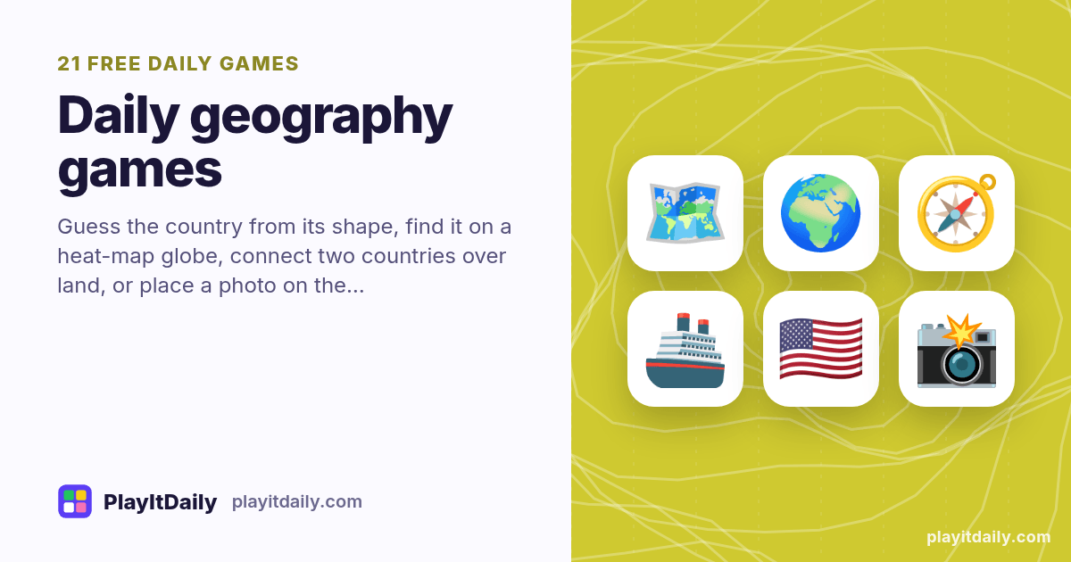 Daily geography games: PlayItDaily illustration with map contour lines and the emoji of 21 games