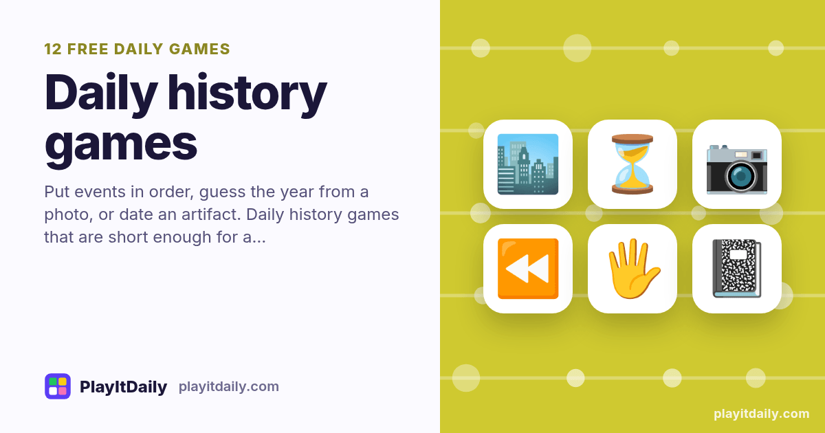 Daily history games: PlayItDaily illustration with timeline dots and the emoji of 12 games
