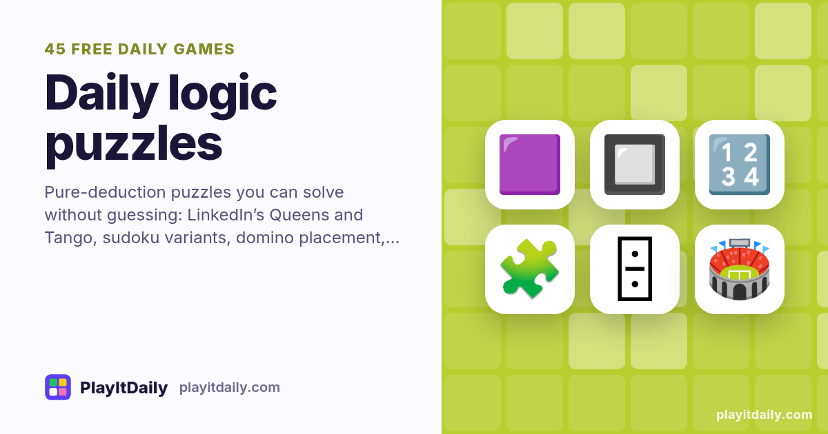 Daily logic puzzles: PlayItDaily illustration with logic grid and the emoji of 53 games
