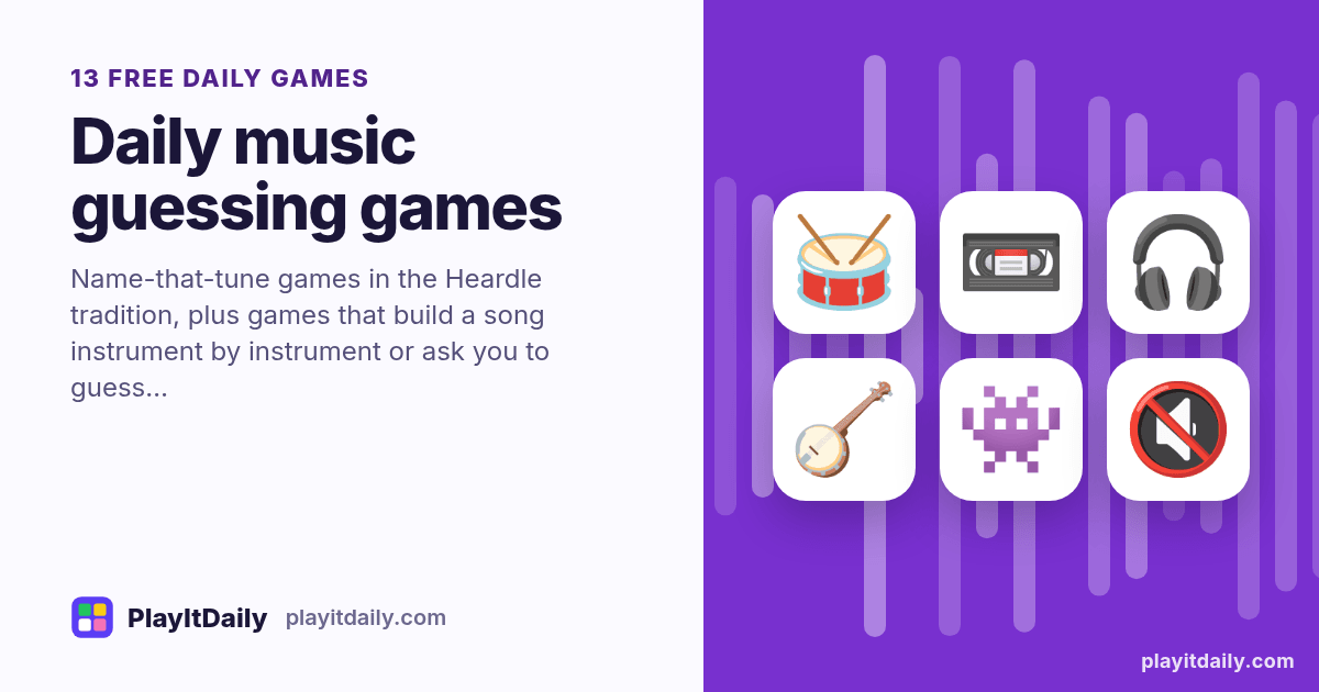 Daily music guessing games: PlayItDaily illustration with sound-wave bars and the emoji of 13 games