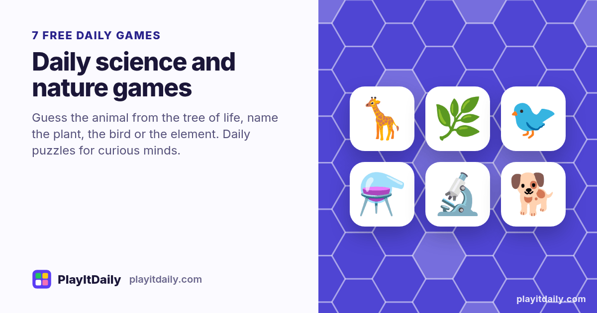 Daily science and nature games: PlayItDaily illustration with hexagon cells and the emoji of 7 games