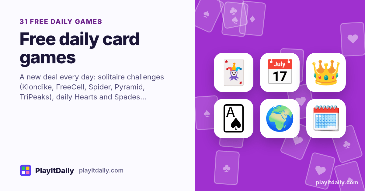 Free daily card games: PlayItDaily illustration with fanned playing cards and the emoji of 31 games