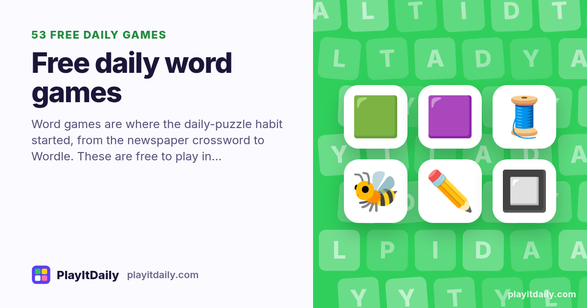 Free daily word games: PlayItDaily illustration with letter tiles and the emoji of 54 games