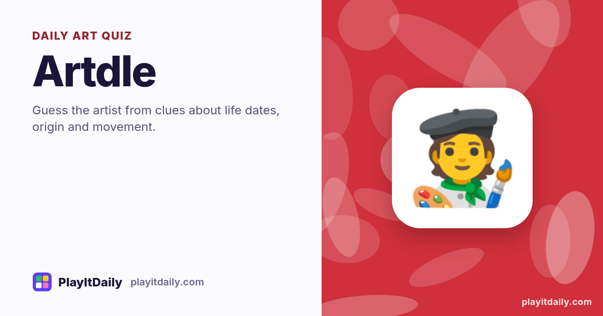 Artdle cover art by PlayItDaily: the Artdle emoji on a background of paint swatches, labelled “daily art quiz”