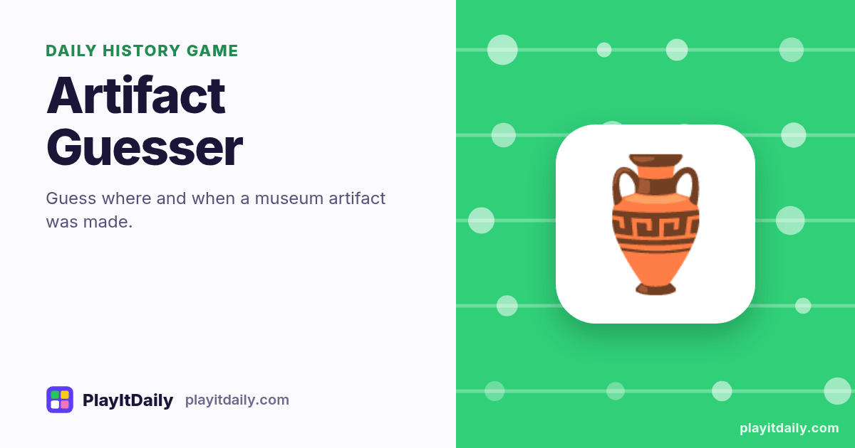 Artifact Guesser cover art by PlayItDaily: the Artifact Guesser emoji on a background of timeline dots, labelled “daily history game”