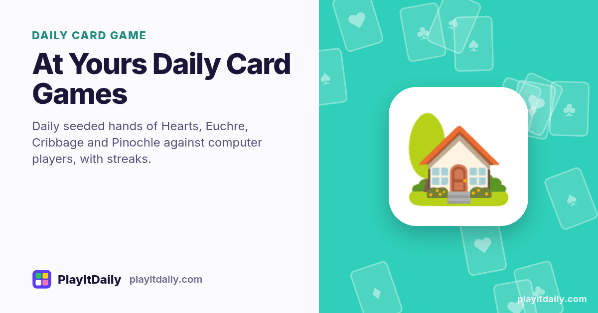 At Yours Daily Card Games cover art by PlayItDaily: the At Yours Daily Card Games emoji on a background of fanned playing cards, labelled “daily card game”