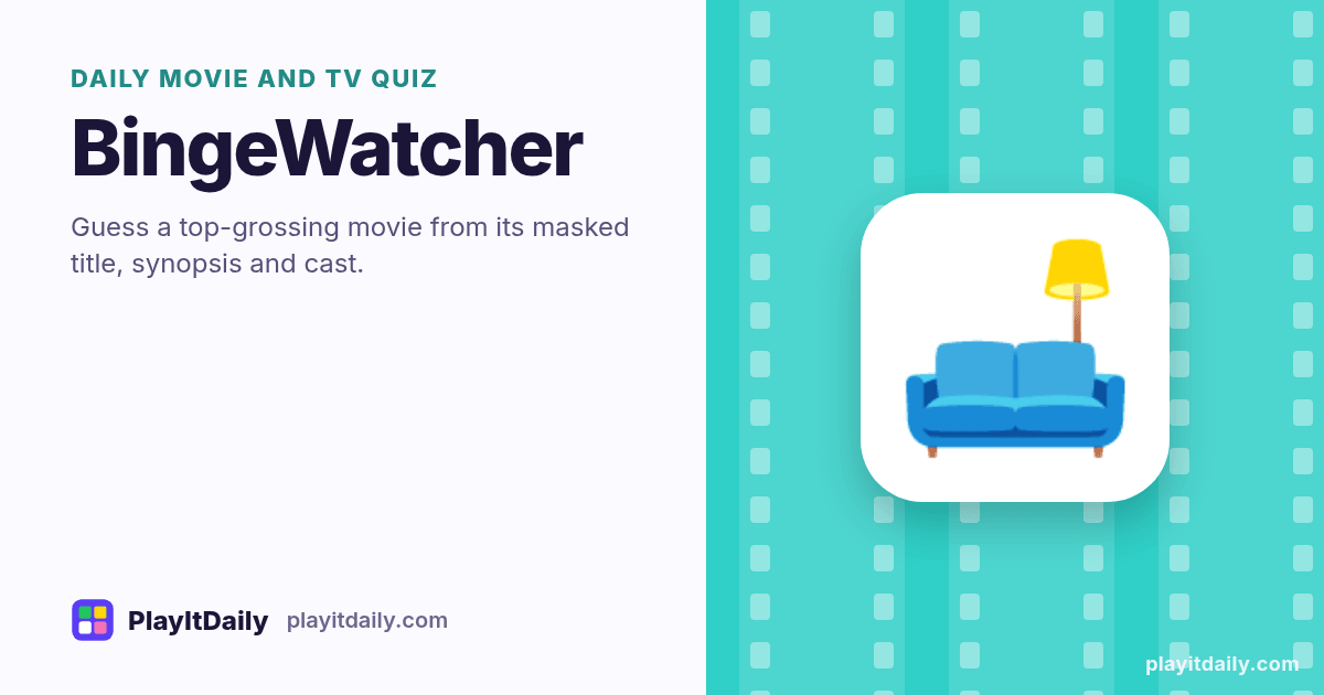 BingeWatcher cover art by PlayItDaily: the BingeWatcher emoji on a background of film strip, labelled “daily movie and TV quiz”