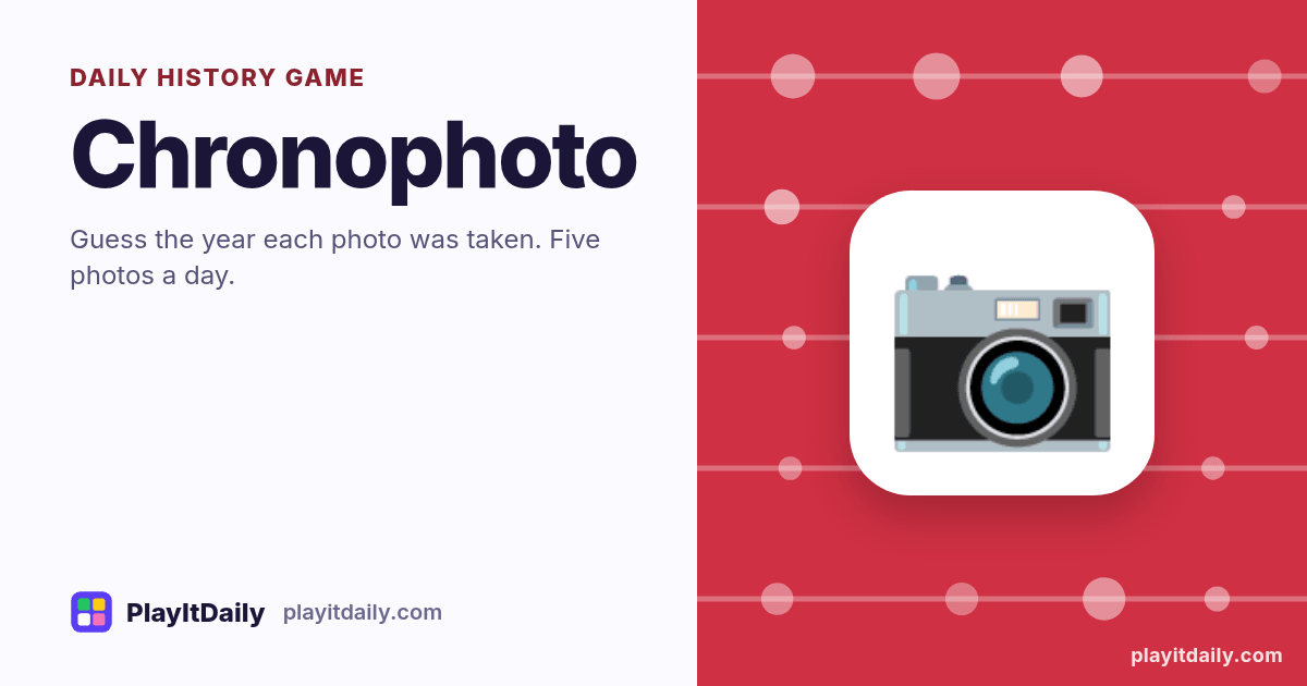Chronophoto cover art by PlayItDaily: the Chronophoto emoji on a background of timeline dots, labelled “daily history game”