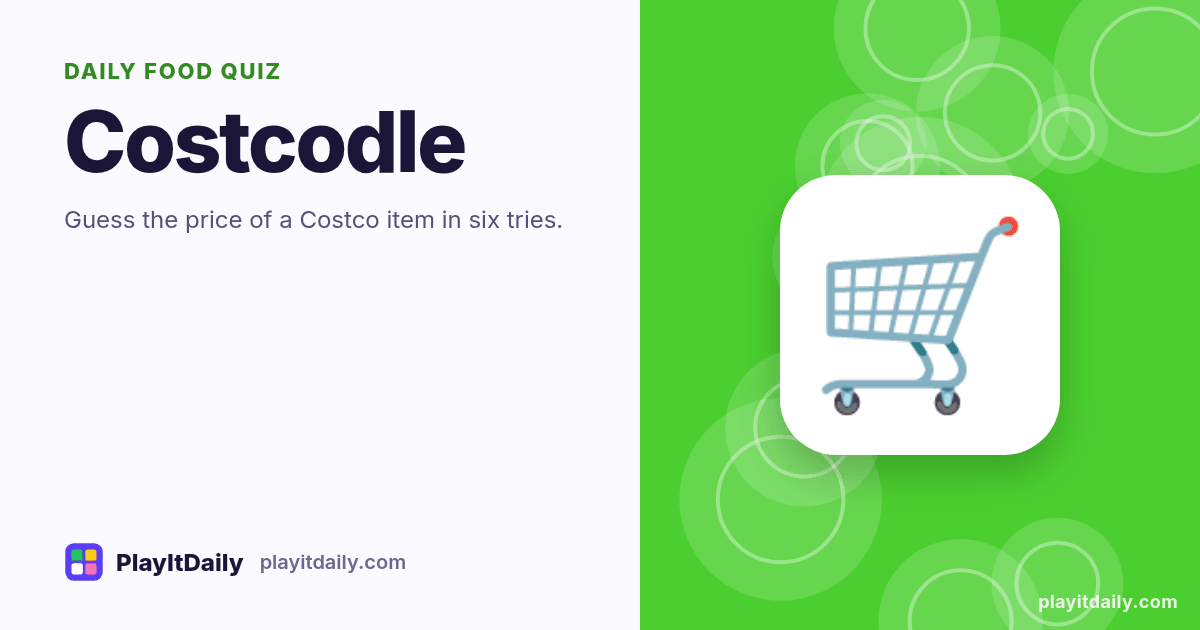 Costcodle cover art by PlayItDaily: the Costcodle emoji on a background of plate circles, labelled “daily food quiz”