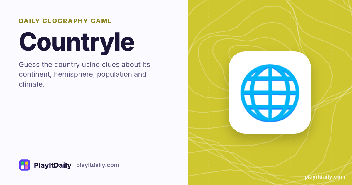 Countryle cover art by PlayItDaily: the Countryle emoji on a background of map contour lines, labelled “daily geography game”