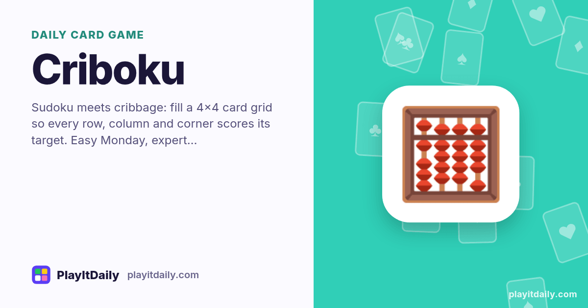 Criboku cover art by PlayItDaily: the Criboku emoji on a background of fanned playing cards, labelled “daily card game”