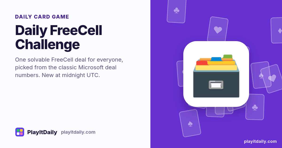 Daily FreeCell Challenge cover art by PlayItDaily: the Daily FreeCell Challenge emoji on a background of fanned playing cards, labelled “daily card game”