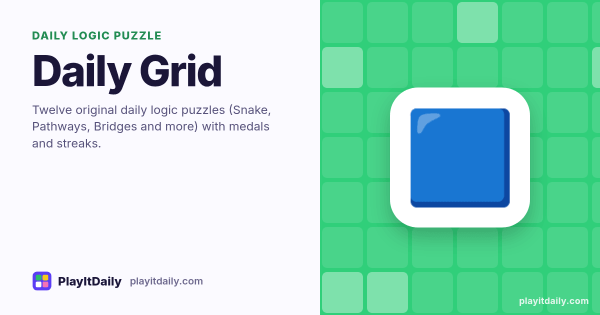 Daily Grid cover art by PlayItDaily: the Daily Grid emoji on a background of logic grid, labelled “daily logic puzzle”