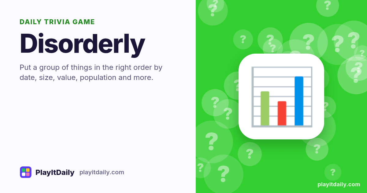 Disorderly cover art by PlayItDaily: the Disorderly emoji on a background of question-mark bubbles, labelled “daily trivia game”