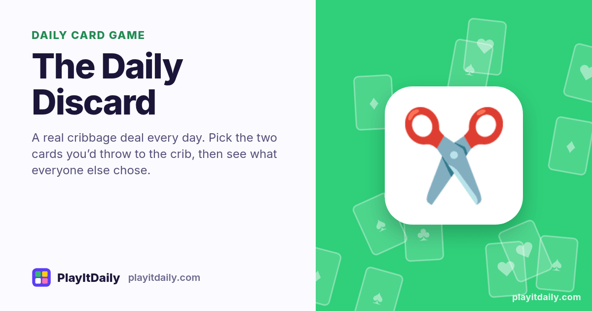 The Daily Discard cover art by PlayItDaily: the The Daily Discard emoji on a background of fanned playing cards, labelled “daily card game”