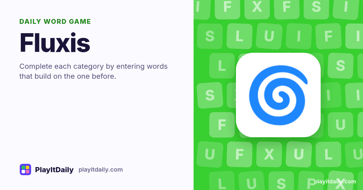 Fluxis cover art by PlayItDaily: the Fluxis emoji on a background of letter tiles, labelled “daily word game”