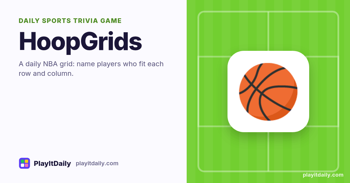 HoopGrids cover art by PlayItDaily: the HoopGrids emoji on a background of field markings, labelled “daily sports trivia game”