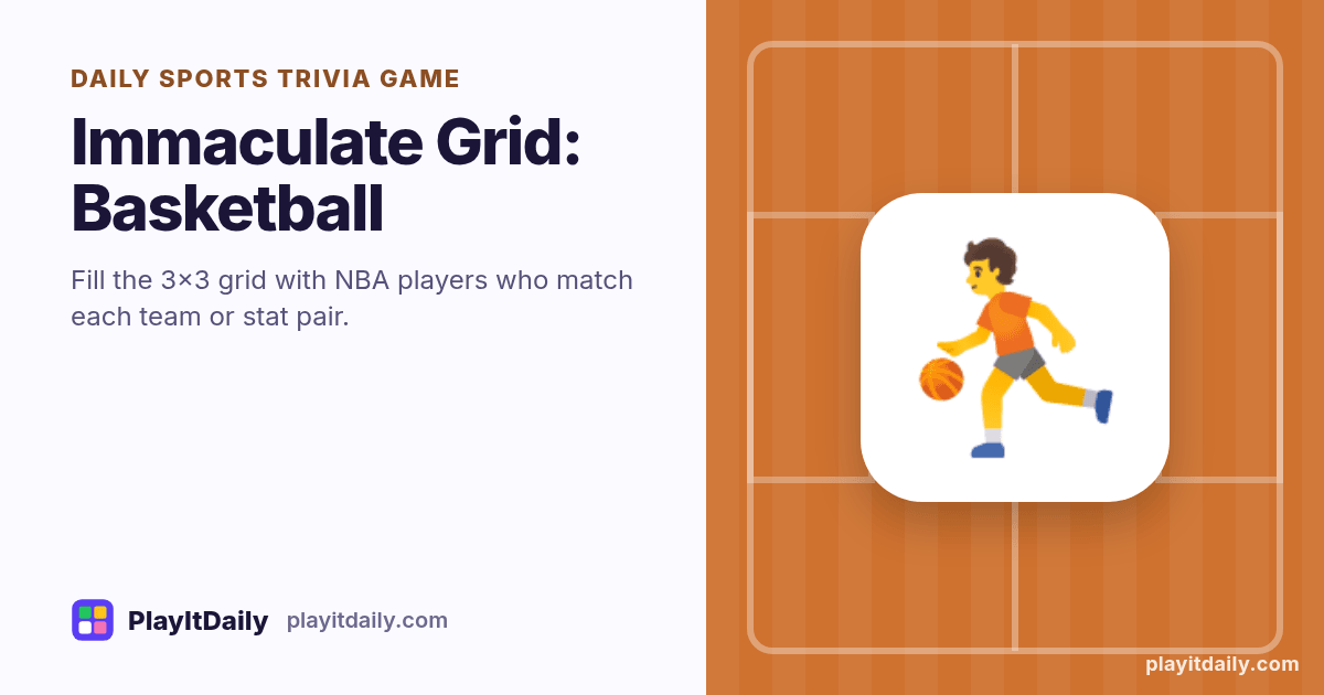 Immaculate Grid: Basketball cover art by PlayItDaily: the Immaculate Grid: Basketball emoji on a background of field markings, labelled “daily sports trivia game”