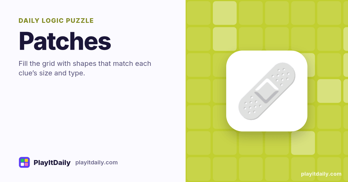 Patches cover art by PlayItDaily: the Patches emoji on a background of logic grid, labelled “daily logic puzzle”