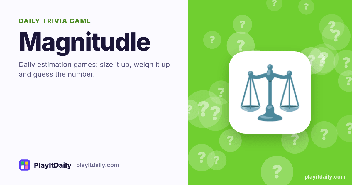 Magnitudle cover art by PlayItDaily: the Magnitudle emoji on a background of question-mark bubbles, labelled “daily trivia game”