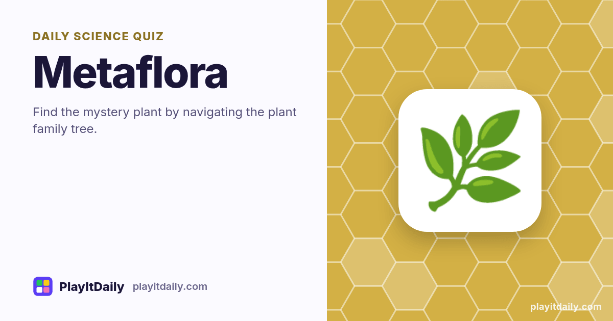 Metaflora cover art by PlayItDaily: the Metaflora emoji on a background of hexagon cells, labelled “daily science quiz”
