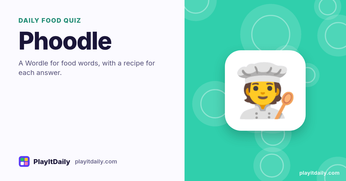 Phoodle cover art by PlayItDaily: the Phoodle emoji on a background of plate circles, labelled “daily food quiz”