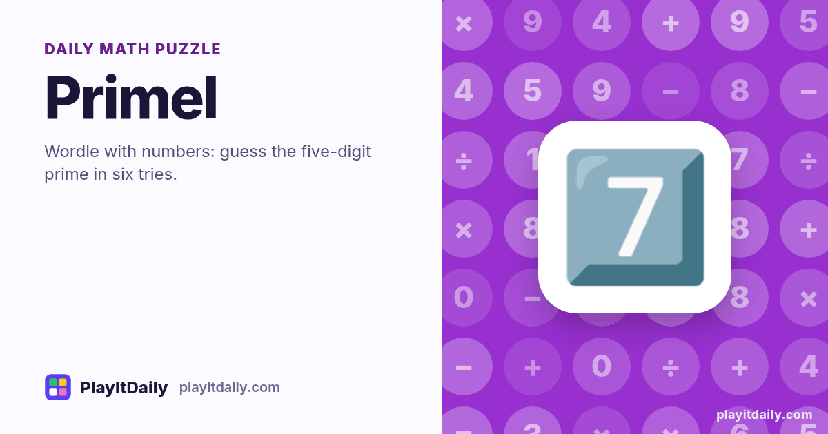 Primel cover art by PlayItDaily: the Primel emoji on a background of number tiles, labelled “daily math puzzle”