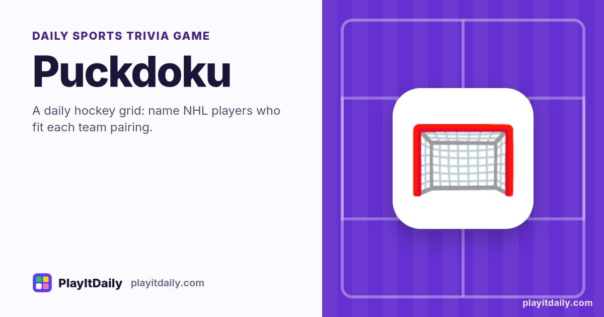 Puckdoku cover art by PlayItDaily: the Puckdoku emoji on a background of field markings, labelled “daily sports trivia game”