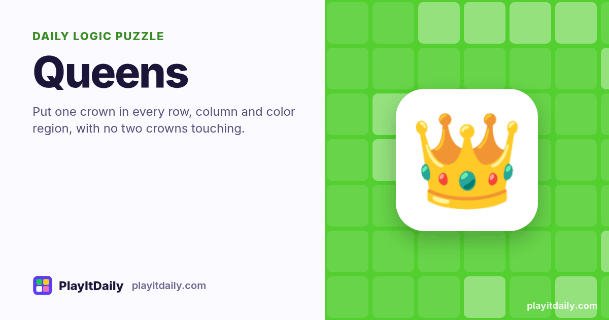 Queens cover art by PlayItDaily: the Queens emoji on a background of logic grid, labelled “daily logic puzzle”