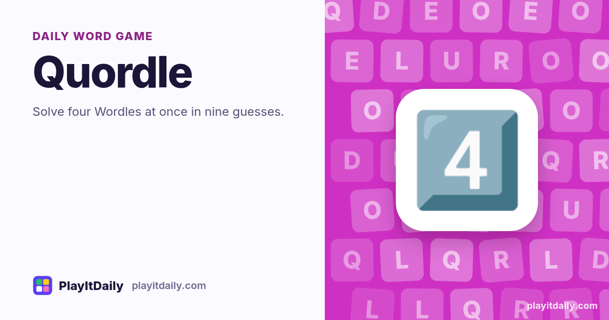 Quordle cover art by PlayItDaily: the Quordle emoji on a background of letter tiles, labelled “daily word game”