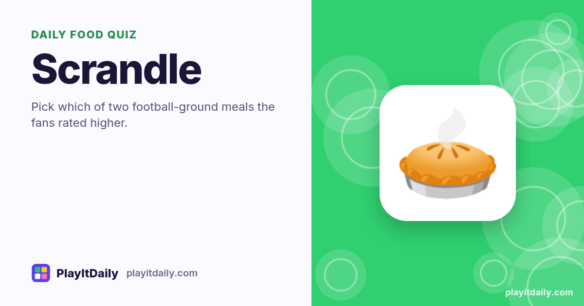 Scrandle cover art by PlayItDaily: the Scrandle emoji on a background of plate circles, labelled “daily food quiz”