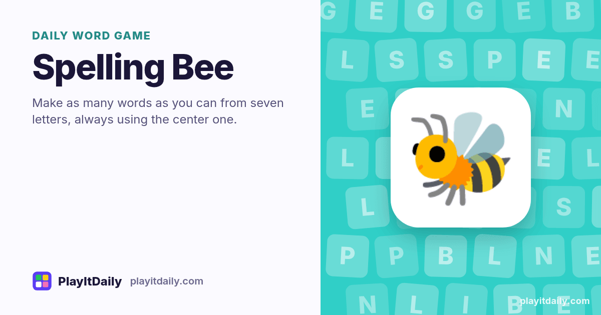 Spelling Bee cover art by PlayItDaily: the Spelling Bee emoji on a background of letter tiles, labelled “daily word game”