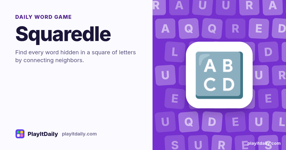 Squaredle cover art by PlayItDaily: the Squaredle emoji on a background of letter tiles, labelled “daily word game”