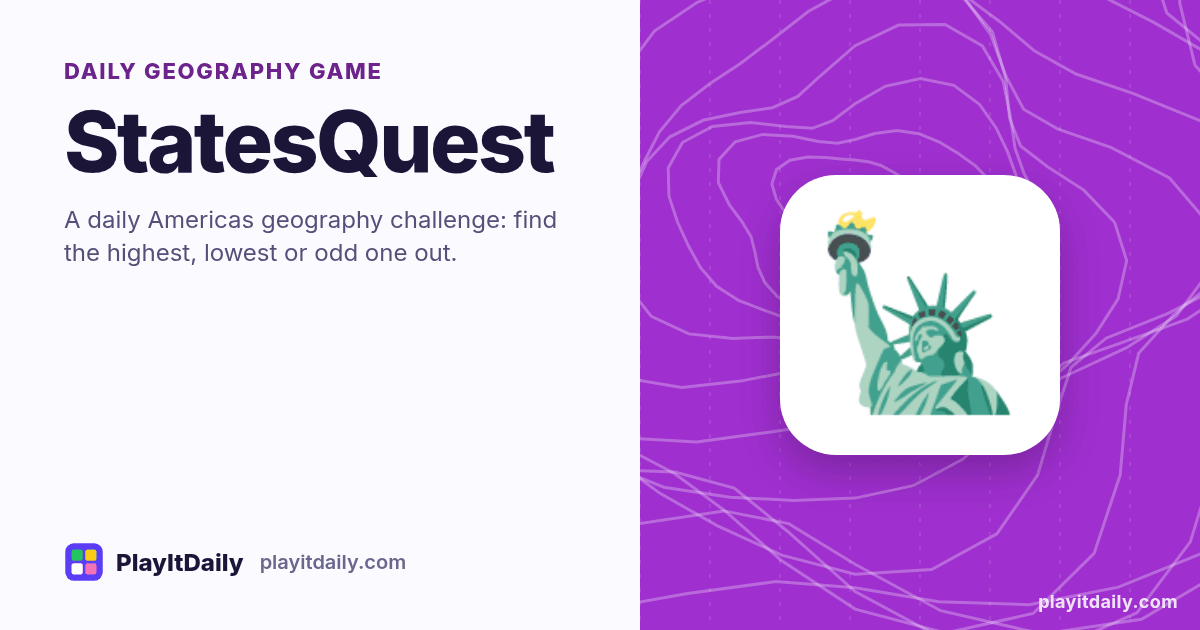 StatesQuest cover art by PlayItDaily: the StatesQuest emoji on a background of map contour lines, labelled “daily geography game”