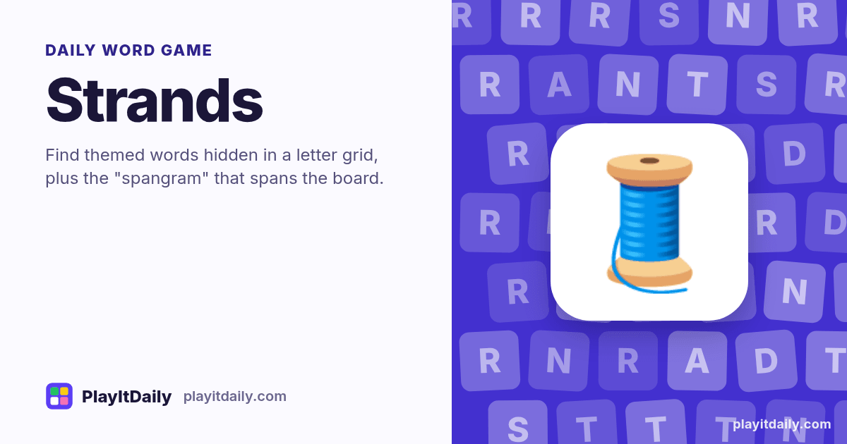 Strands cover art by PlayItDaily: the Strands emoji on a background of letter tiles, labelled “daily word game”