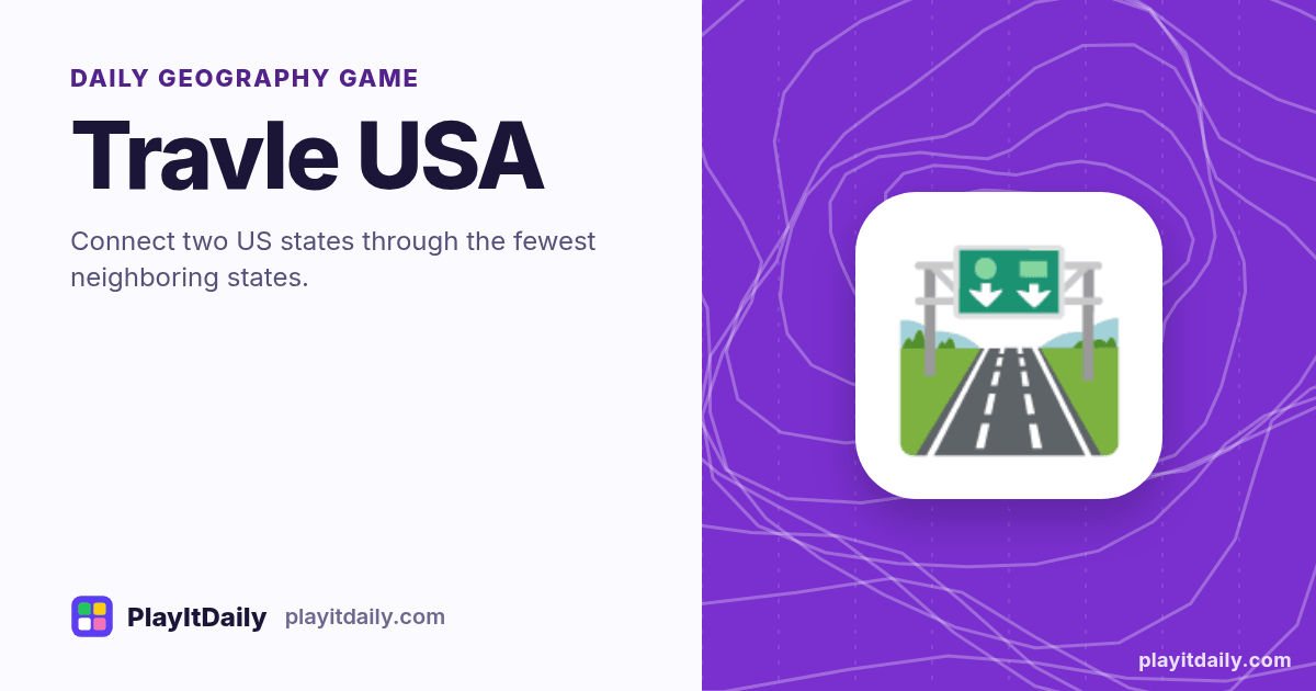 Travle USA cover art by PlayItDaily: the Travle USA emoji on a background of map contour lines, labelled “daily geography game”