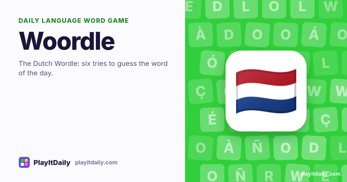 Woordle cover art by PlayItDaily: the Woordle emoji on a background of accented letter tiles, labelled “daily language word game”