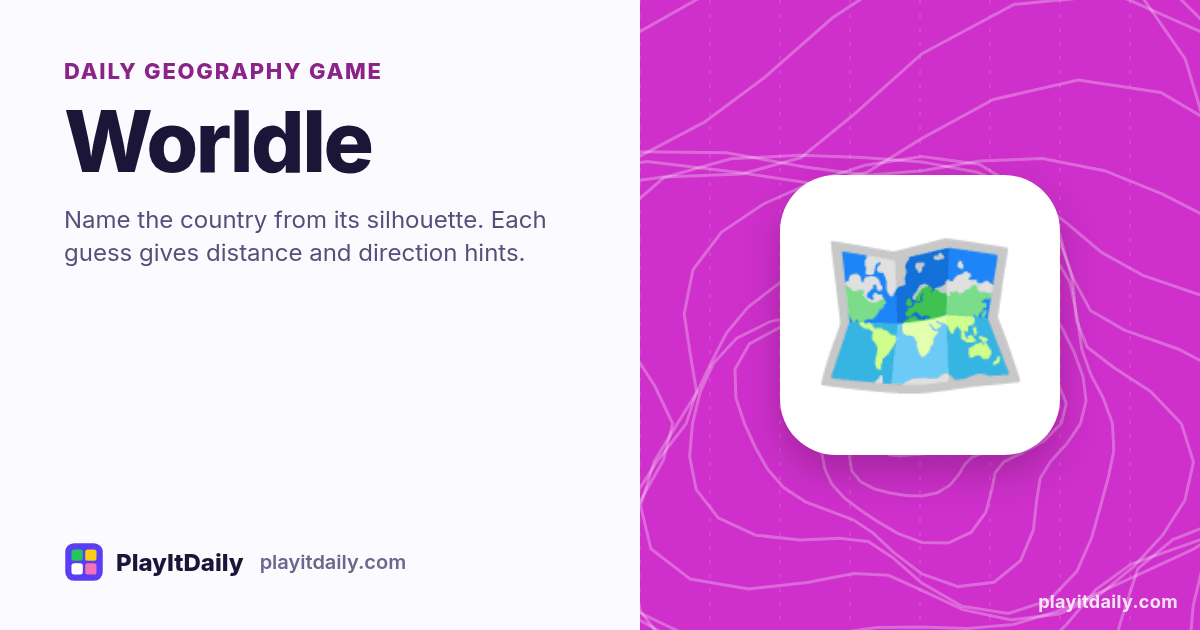 Worldle cover art by PlayItDaily: the Worldle emoji on a background of map contour lines, labelled “daily geography game”