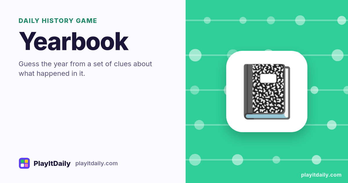 Yearbook cover art by PlayItDaily: the Yearbook emoji on a background of timeline dots, labelled “daily history game”